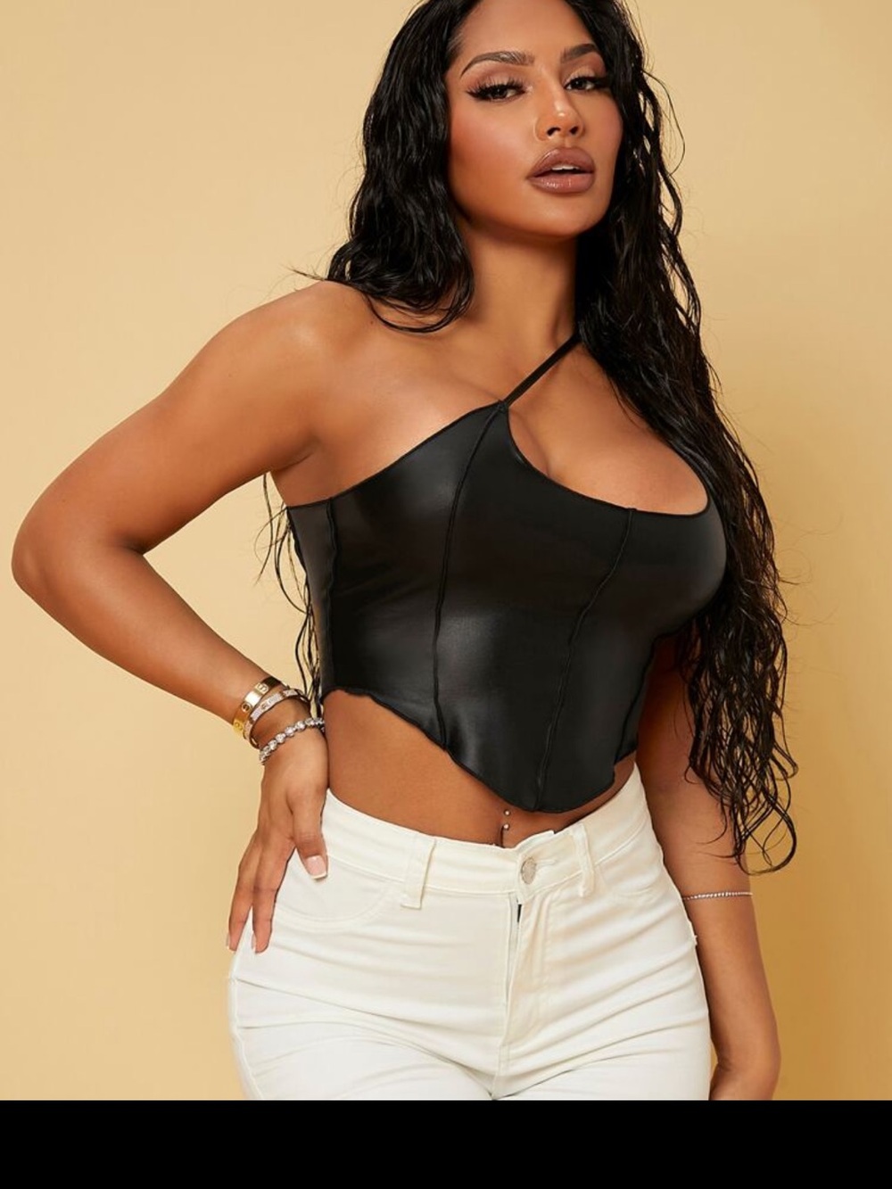 Women’s Asymmetric Black Faux Leather Crop Top
